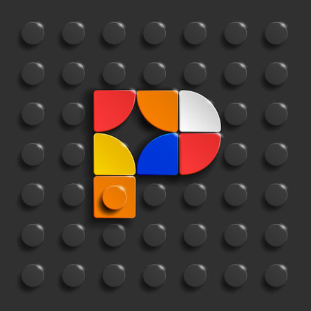 Colorful 3d cubes on a dark background. Vector illustration. Colorful Lego letter P from plastic building bricks. Black Lego bricks backgroundの写真素材