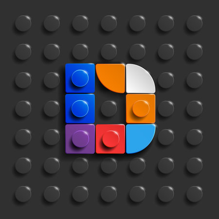 Colorful 3d cubes on a dark background. Vector illustration. Colorful Lego letter D from plastic building bricks. Black Lego bricks backgroundの写真素材