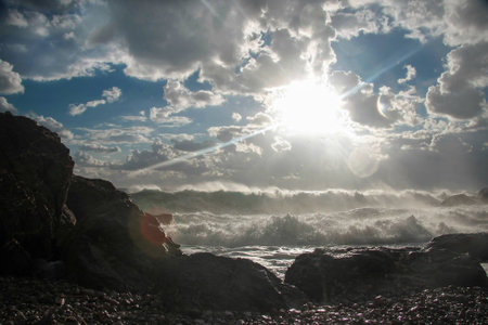 Dramatic stormy sky and the sea in the Crimea coastの写真素材
