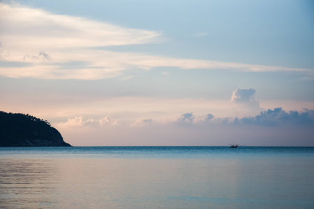 Tropical dusk in gentle blue and pink colors in Thailand, Koh Phanganの写真素材