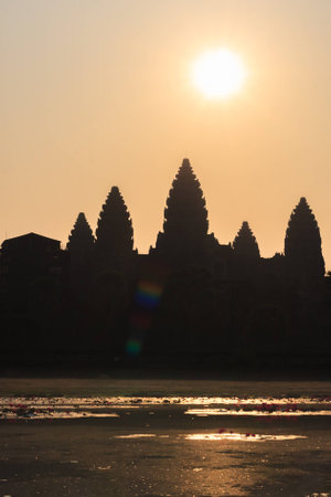 Angkor Wat temple silhouette in the morning at the sunrise. World Largest Religious Monument, Siem Reap. Ancient Khmer Architecture. Tourist Attraction, Travel Destination In Asia.の写真素材