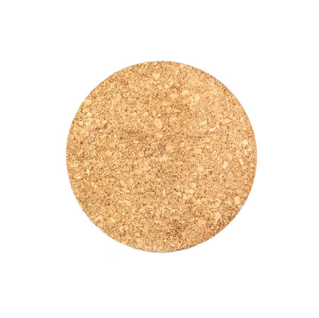 Round cork coaster board. Isolated cork circle, on white backgroundの写真素材