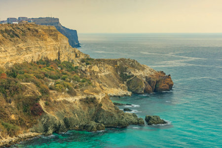 View of Black Sea from the cape Fiolent at sunset, near Sevastopol, Crimea peninsula. Picturesque sea landscape in HDRの写真素材