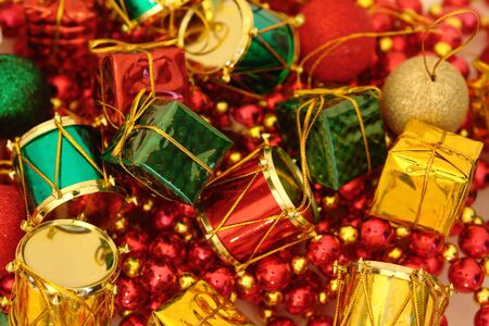 Christmas Background with small drums and packages.の写真素材