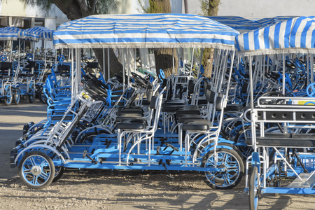 Rent of Velomobiles for excursion, tour in park. Leisure activities and holidays in Agamon Hula, Israelの写真素材