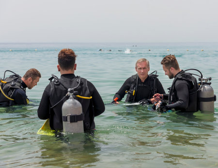 Eilat, Israel - May 2018: School of underwater diving. Men are training in diving. A popular water sport and leisure activityのeditorial素材