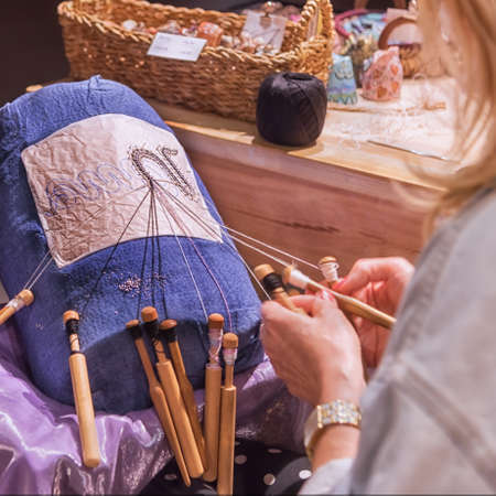 Jerusalem, Israel - 12 May 2018: The old craft technique of lace makingの写真素材