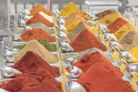 Mountains of Oriental seasoning, spice on the counter. Trade in Israel. Travel photoの写真素材