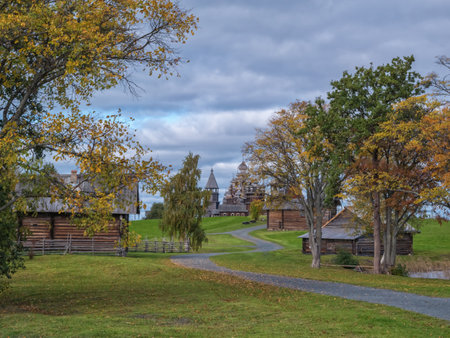 Kizhi, Russia - September 19, 2021: The wooden chapels on the Kizhi Island. Autumn landscapeのeditorial素材