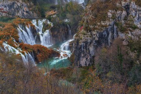 The biggest waterfalls in the National Park Plitvice Lakes in Croatia. Autumn landscape. Lakes water...