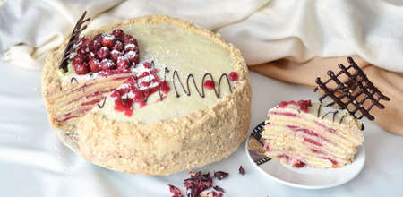 Peace of tasty cherry cake on a plate