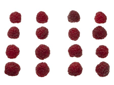 Ripe raspberry. Rows horizontally and vertically. On white background, isolated. Still life....