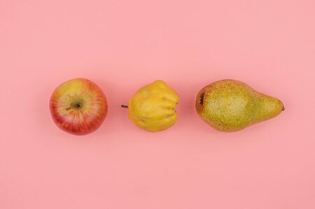 Organic autumn fruits on a pink background.の写真素材
