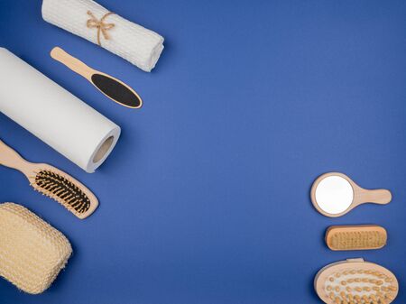 Accessories for bathroom decor on blue background. The view from the top.の写真素材