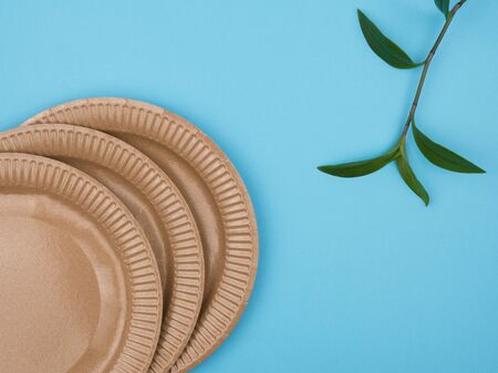 Paper dishes against a blue background. The view from the top. A sprig of a green plant. The concept of recycling.の写真素材
