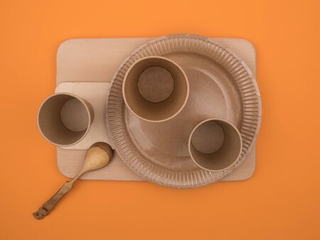 Ecological utensils. The concept of the cleansing of the planet from plastic waste. Items to be recycled. The view from the top.の写真素材