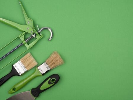 Green painting tool on a green background. The view from the top. Gun, trowel and brush.の写真素材