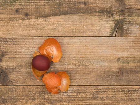 A painted egg and onion husk on a wooden background.の写真素材