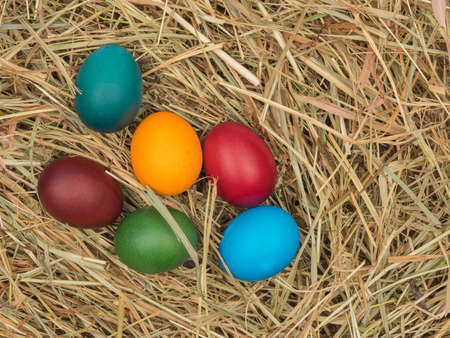 Easter eggs in the hay close-up. Organic food.の写真素材