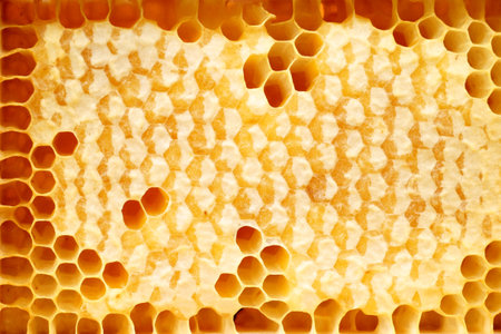 A CloseUp View of Honeycomb Cells Filled with Beautifully Golden Honey and Nectarの写真素材