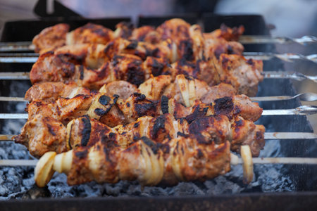 Delicious and mouthwatering Grilled Chicken Skewers are ready for a fantastic BBQ feastの写真素材