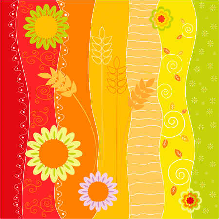 Colorful stripes with wheat, flowers and swirls for stationery, scrapbookingのイラスト素材