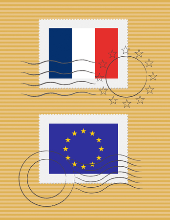 French and European Union flags on a stamp with postmarksのイラスト素材