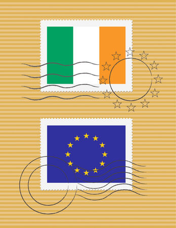 Irish and European Union flags on a stamp with postmarksのイラスト素材