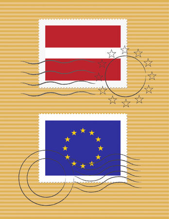 Latvian and European Union flags on a stamp with postmarksのイラスト素材