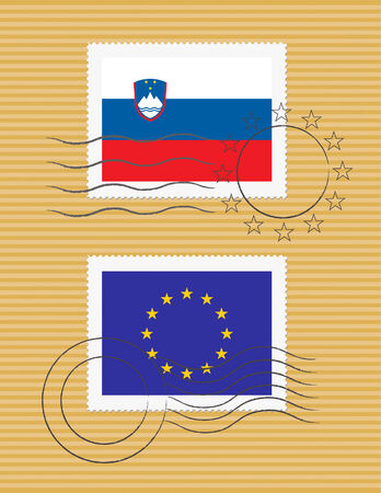 Slovenian and European Union flags on a stamp with postmarksのイラスト素材