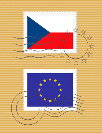 Czech and European Union flags on a stamp with postmarksのイラスト素材