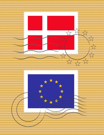 Danish and European Union flags on a stamp with postmarksのイラスト素材