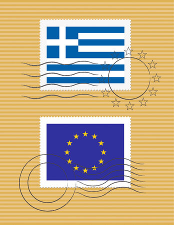 Greek and European Union flags on a stamp with postmarksのイラスト素材