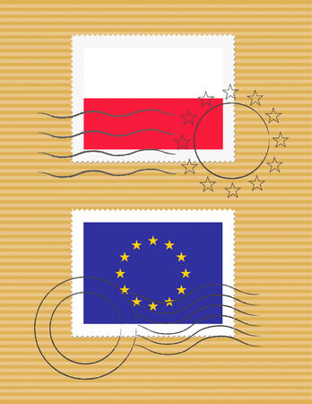 Polish and European Union flags on a stamp with postmarksのイラスト素材