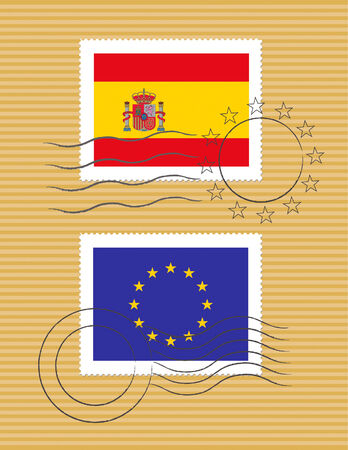 Spanish and European Union flags on a stamp with postmarksのイラスト素材