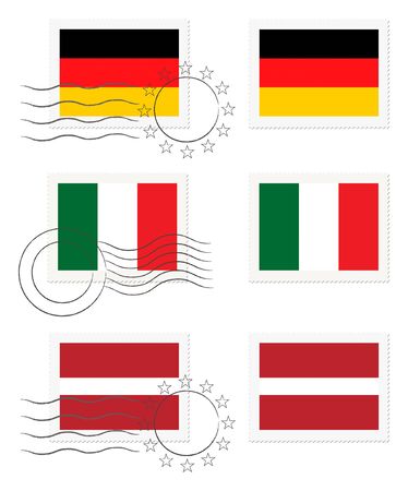Germany, Italy and Latvia - flags on a stampの写真素材