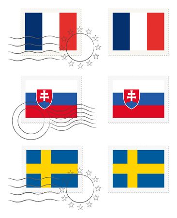 France, Slovakia and Sweden - flags on a stampの写真素材