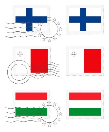 Finland, Malta and Hungary - flags on a stampの写真素材