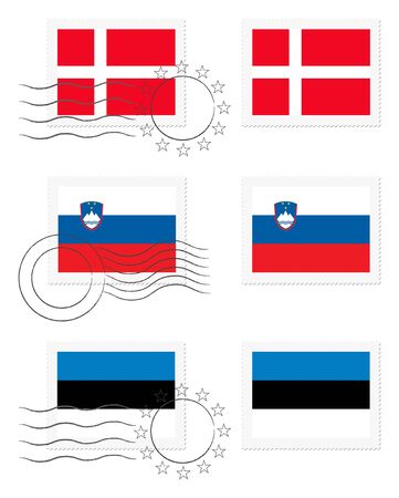 Denmark, Slovenia and Estonia - flags on a stampの写真素材