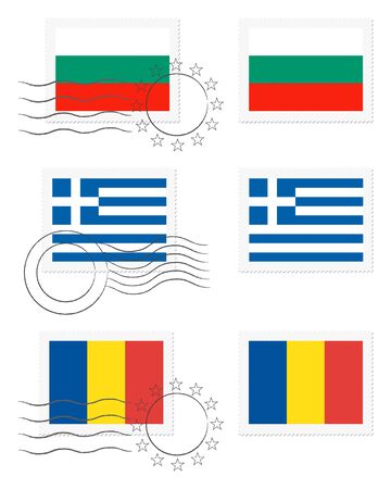 Bulgaria, Greece and Romania - flags on a stampの写真素材