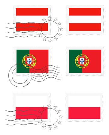 Austria, Portugal and Poland flags on a stampの写真素材