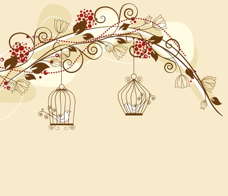 floral decoration par with caged birdsのイラスト素材
