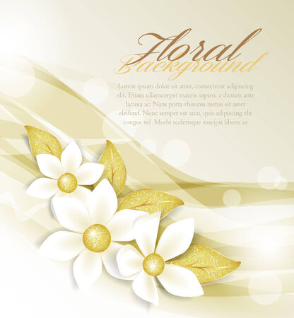 Background with white flowers and golden leavesのイラスト素材