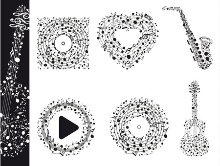 Musical notes in different variations, guitar, saxophone, play, heartのイラスト素材