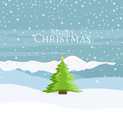 Christmas landscape and green Christmas tree in the backgroundのイラスト素材