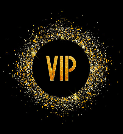 Vector illustration of a golden glitter texture with text VIP on a black background. Circle of Gold sparklesのイラスト素材