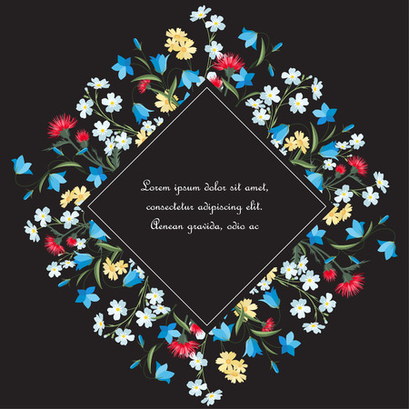 Vector illustration of colorful flowers. Frame floral decorations on a dark background.のイラスト素材