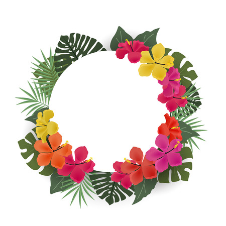 Vector illustration of hibiscus flower. Background with tropical flowers and palm leaves with text frameのイラスト素材