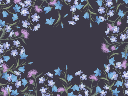 Vector illustration of colorful flowers. Floral decorations on a dark background.のイラスト素材