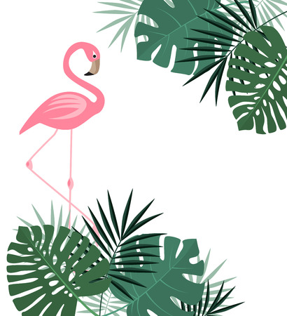 Vector illustration of natural background with palm leaves and flamingo. Exotic green tree leavesのイラスト素材